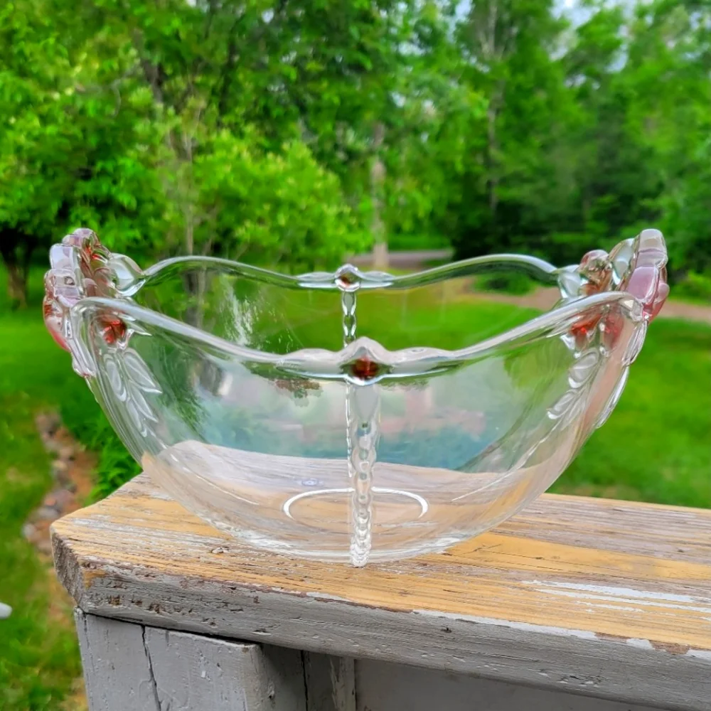 Vtg Bowl Heavy Clear Glass Crystal Frosted Leaves Red Roses Fruit Vegetable